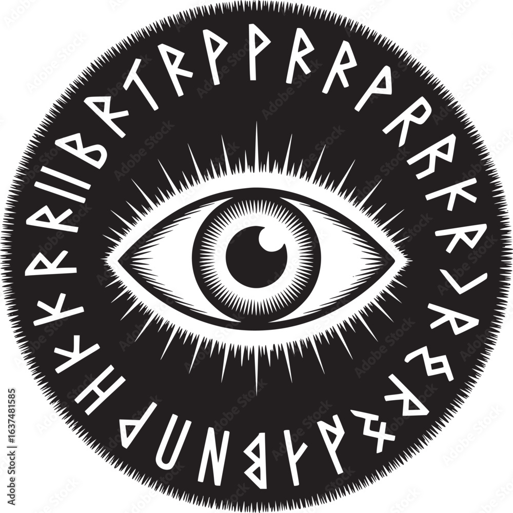 Fototapeta premium Black and white eye symbol surrounded by runic characters in a circular design on white background