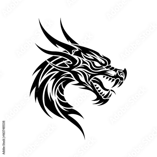 Tribal Dragon Head Silhouette Vector Illustration Black and White Design