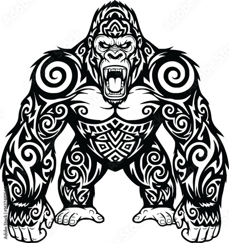 Powerful gorilla illustration, adorned with intricate tribal tattoos, roaring fiercely.