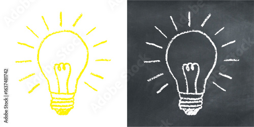 Chalk hand drawn light bulb vector for ideas, innovation, and creative thinking with a sketchy feel. Ideal for illustrating solutions, education, and inspiration.