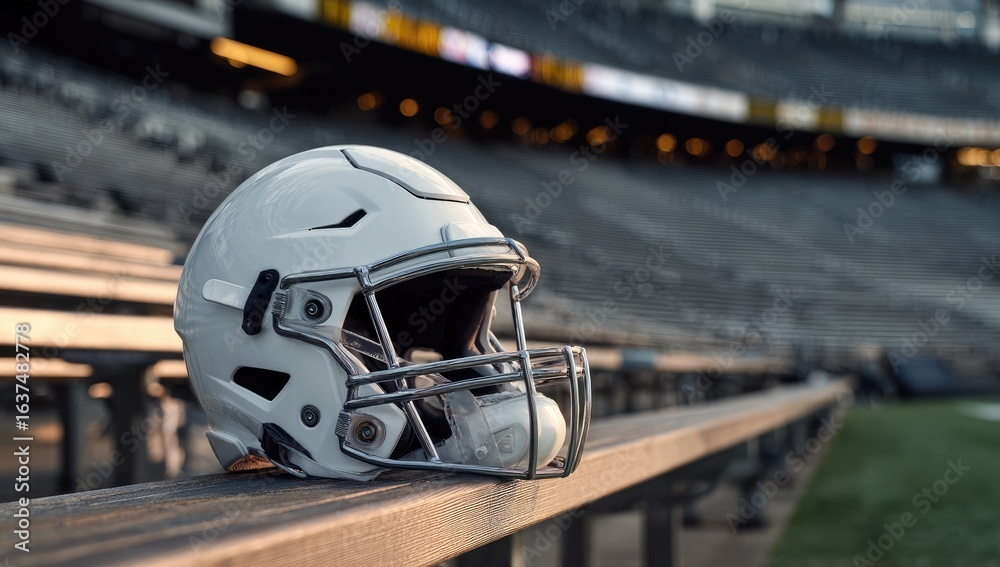 Obraz premium White football helmet rests on stadium bleachers