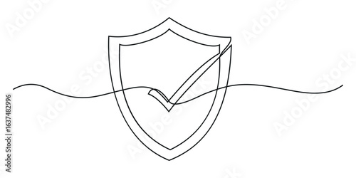 Security shield with check marks - tick and cross of one continuous line drawn. Shield drawn in one line with approval and rejection signs. Safety and anti-virus protection concept. Illustration