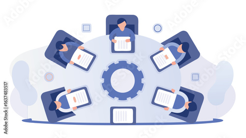 People in video conference around a gear on a light blue background in a meeting illustration