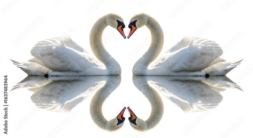 Fototapeta premium Two majestic white swans form a heart shape with their necks, perfectly reflected in the water.