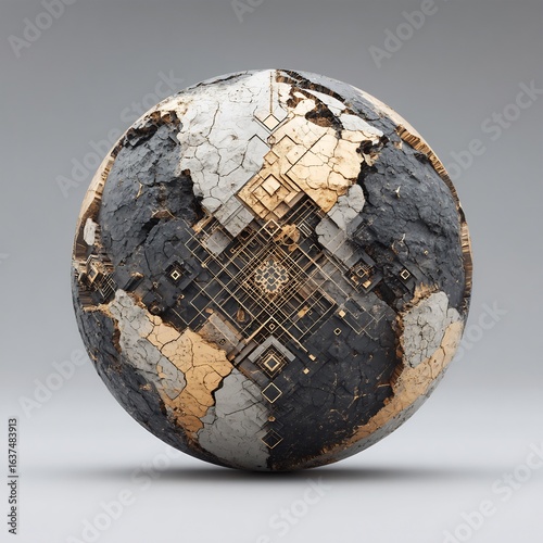 Abstract Earth Globe with Cracked Texture and Gold Lines