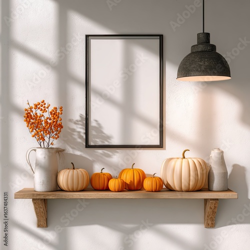 Autumnal display with pumpkins and berries on a wooden shelf