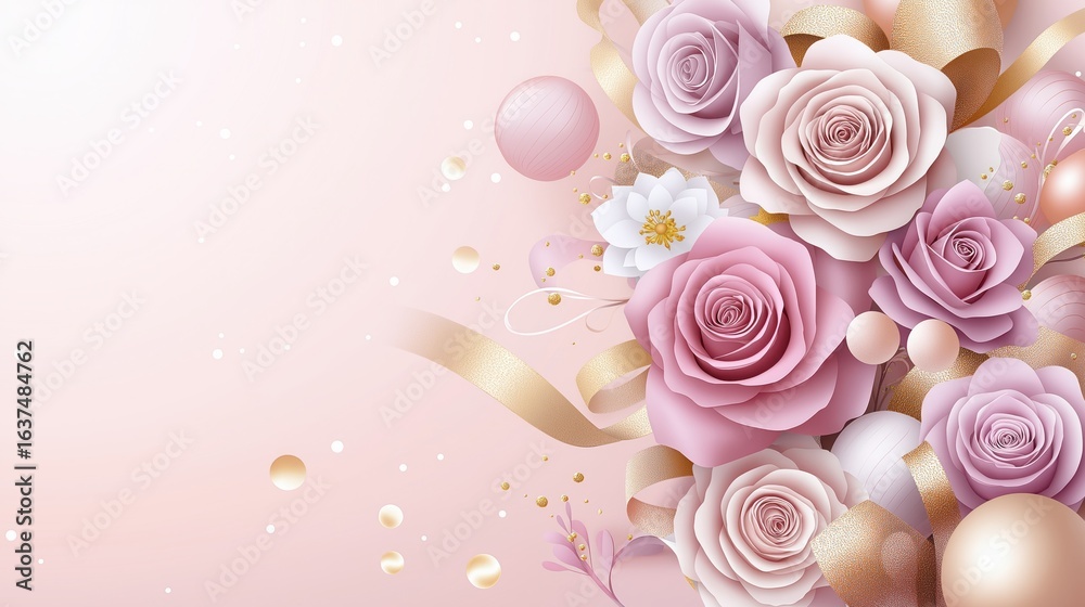 Fototapeta premium Elegant pink rose bouquet with golden ribbons and decorative spheres on pastel background, luxurious floral arrangement with space for text, perfect for wedding, Valentine, and celebration designs