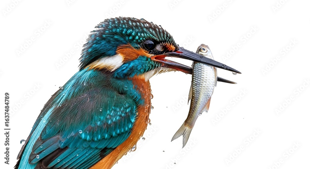 Obraz premium A vibrant blue and orange kingfisher holds a freshly caught silver fish in its beak.