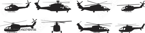 Helicopter, silhouette, aircraft, aviation, rotor, black, vector, military, transport, flying, set, collection