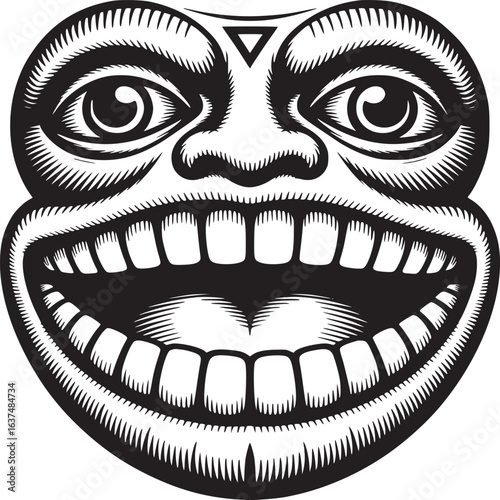 A graphic black and white illustration of a face with a large grin and triangle on forehead