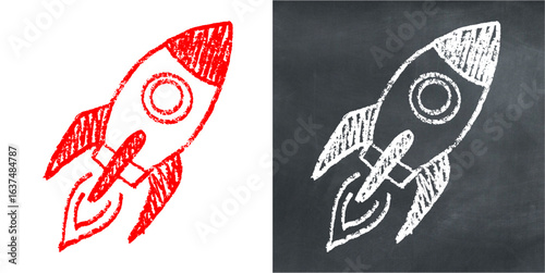 Chalk hand drawn rocket vector for launch, startup, and progress with a sketchy feel. Perfect for illustrating business growth, space travel, and creative concepts.
