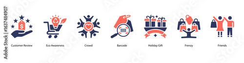 Customer Insight and Review web banner icon vector illustration featuring Customer Review, Eco Awareness, Crowd, Barcode, Holiday Gift, Frenzy, and Friends.