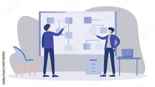 Two people presenting a flowchart on a whiteboard with chair desk and filing cabinet nearby shown