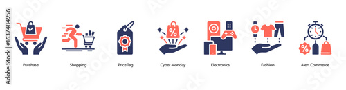 Purchase Awareness Alert web banner icon vector illustration featuring Purchase, Shopping, Price Tag, Cyber Monday, Electronics, Fashion, and Alert Commerce.