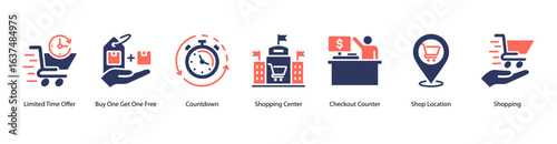 Urgent Retail Campaigns web banner icon vector illustration featuring Limited Time Offer, Buy One Get One Free, Countdown, Shopping Center, Checkout Counter, Shop Location, and Shopping.