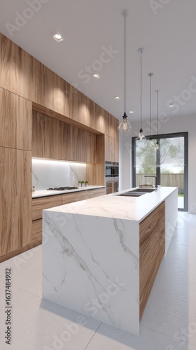 Modern kitchen with light-toned wood cabinets and white marble countertop
