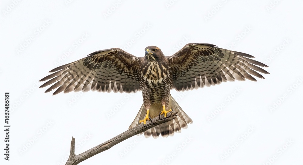 Fototapeta premium A majestic hawk spreads its wings wide while perched on a bare branch against a white sky.