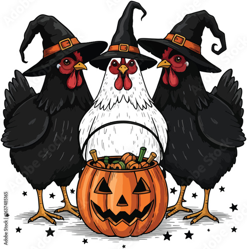 Three Halloween Chickens in Witch Hats with Jack-O-Lantern Candy Bucket - Cute Cartoon Vector