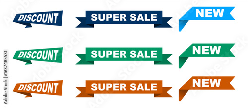 Collection of colorful sale ribbon banners for discount, super sale, and new arrival promotions.