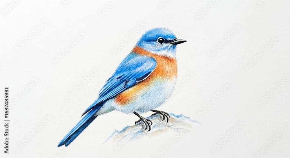 Obraz premium A detailed, realistic illustration of a colorful Eastern Bluebird perched on a small branch against a white background.