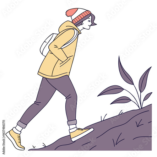 Illustration of a woman hiking up a hill with a backpack, wearing a hat and jacket, enjoying nature and outdoor activities