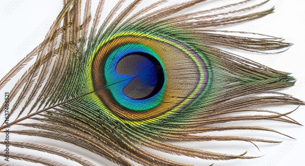 Fototapeta premium A detailed macro view of a single peacock feather, highlighting its iridescent and colorful eye spot against a white background.