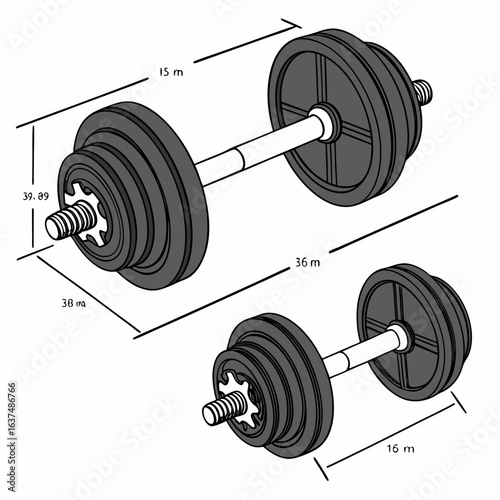 Isometric dumbbell and barbell for fitness and exercise isolated on white background, vector illustration for gym, sport or training