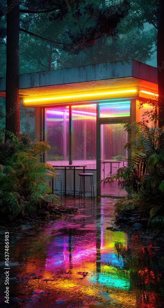 Fototapeta premium Neon-lit pavilion in a misty forest, reflected in a puddle