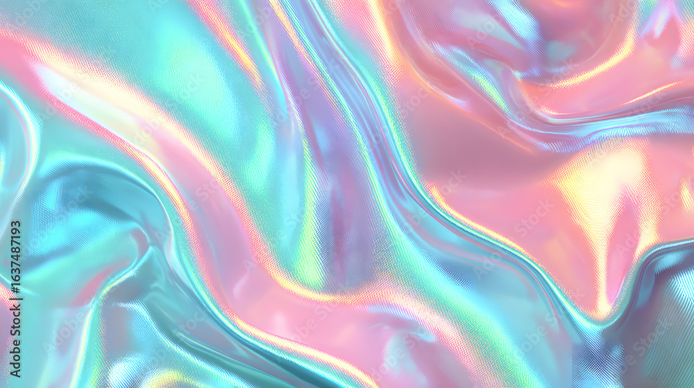 Obraz premium Water holographic pattern with iridescent metallic textures and soft pink to turquoise color shift