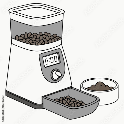 Automatic pet feeder isolated on white background, a convenient device for dispensing food to cats and dogs on a timed schedule