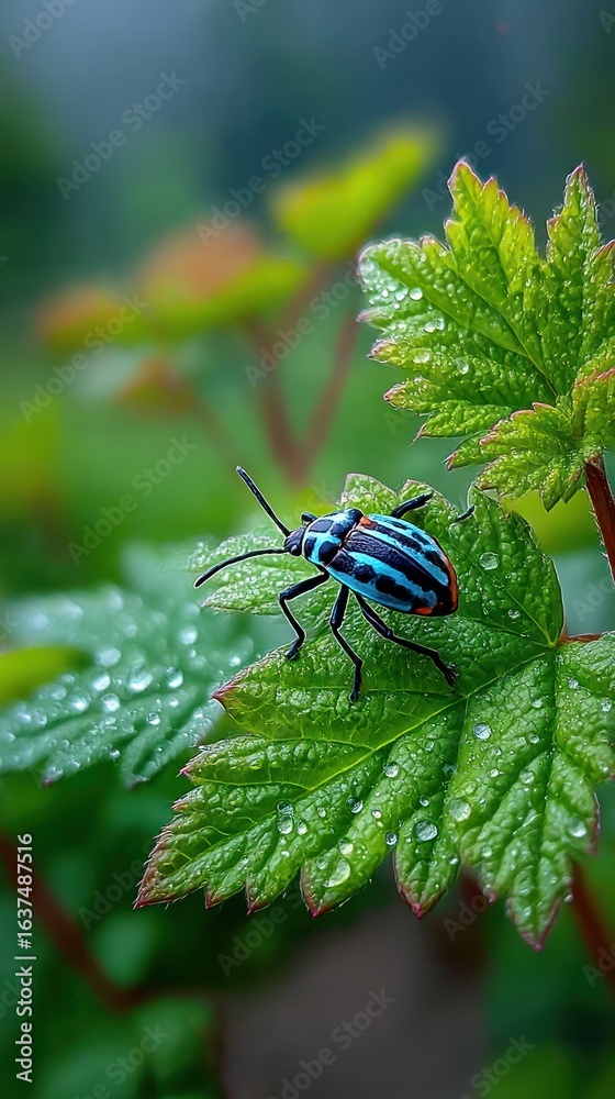Fototapeta premium Vibrant beetle on dewy leaf