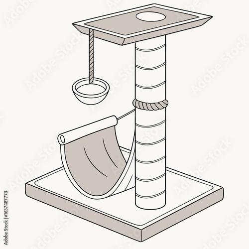 Cat tree with scratching post and hammock isolated on white background, providing a fun and comfortable space for cats to play and relax