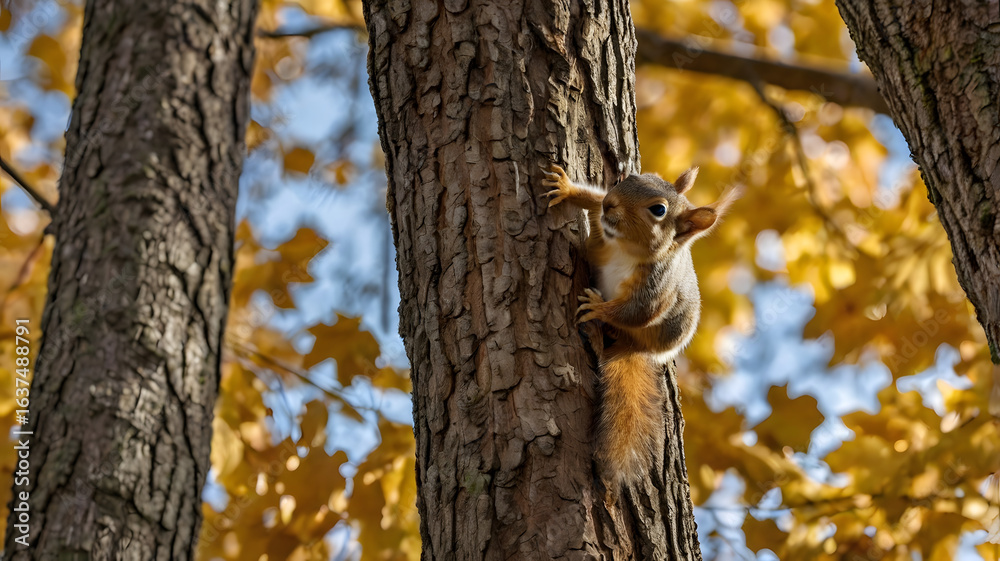 Obraz premium A squirrel climbs the trunk of an old oak tree covered in thick, twisting bark.