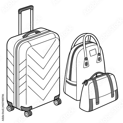 Illustration of luggage set including suitcase and bags isolated on white background for travel and vacation planning concept