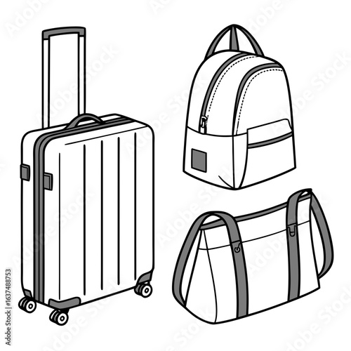 Illustration of luggage set including suitcase, backpack, and duffel bag isolated on white background for travel and vacation planning