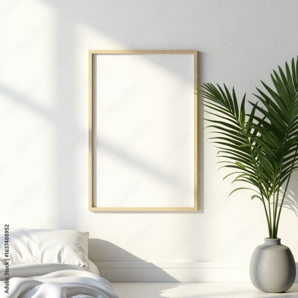 Fototapeta premium Frame mockup minimalist bedroom scene featuring a blank picture frame and a plant in a gray vase on a wood floor