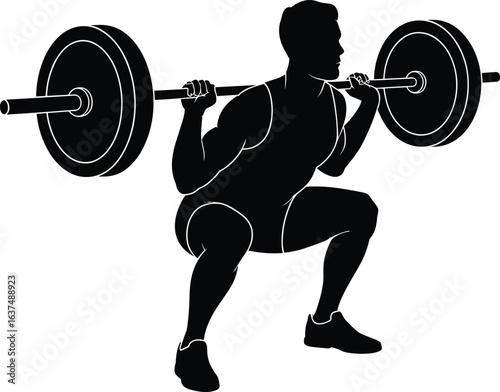 Squat, barbell, silhouette, fitness, strength, posture, gym, black, vector, workout, lift, exercise