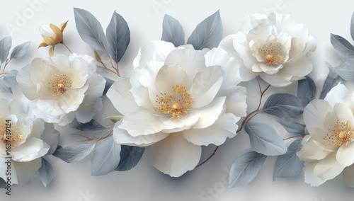 Delicate white flowers and greyish-blue leaves in a horizontal floral border