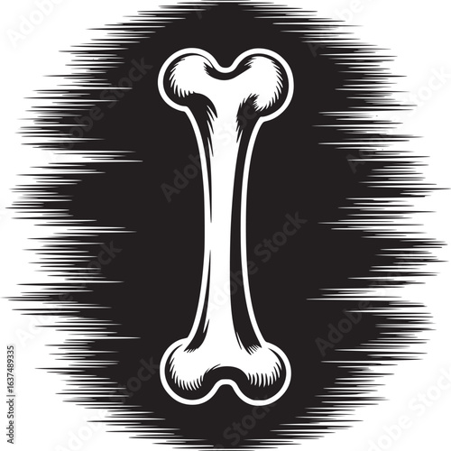 Illustration of a white bone centered on a black background with horizontal lines radiating outwards