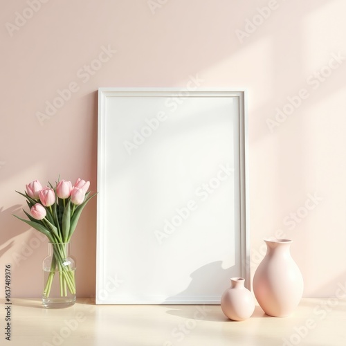 Frame mockup  a blank frame with pink tulips in a vase and two vases on a table against a pink wall backdrop