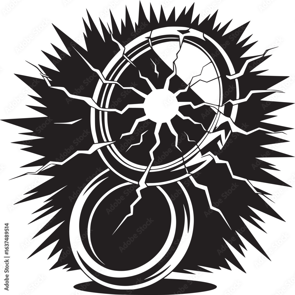 Obraz premium A black and white graphic illustration of two circles with cracks and jagged edges radiating outward