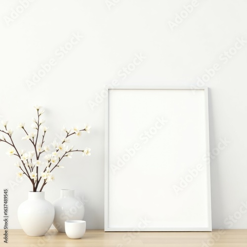 Frame mockup  white frame mockup with blossom branches in vases on a wooden surface against a white wall space