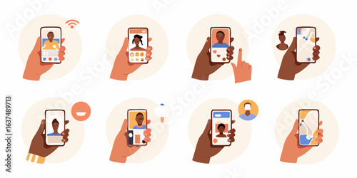 Hands holding smartphones showcasing various digital interactions and content