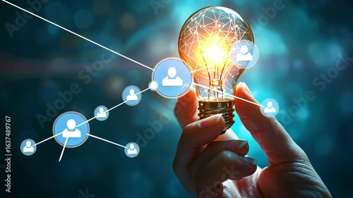 Hand Holding Glowing Light Bulb Surrounded by Digital Network Connections, Symbolizing Innovation, Creativity, and Ideas in Technology.
