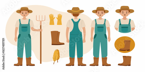 Farmer character design with tools and clothing elements