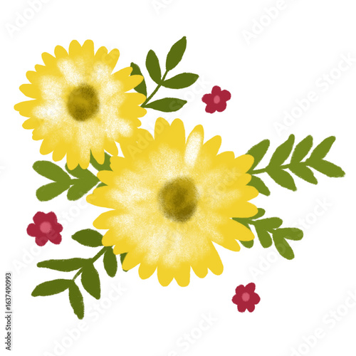 Bouquet yellow sunflowers and leaves