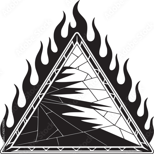A black and white illustration of a triangle with a shattered design surrounded by flames on white