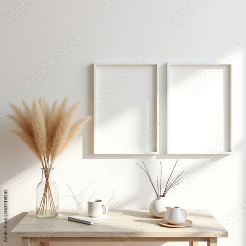 Frame mockup  two white frames hang above a wooden table with vases and mugs in a bright, minimalist room decor