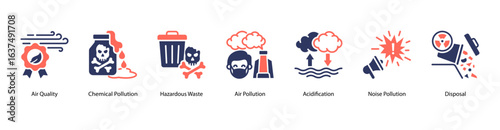 Chemical Pollution web banner icon vector illustration featuring Air Quality, Chemical Pollution, Hazardous Waste, Air Pollution, Acidification, Noise Pollution, and Disposal.