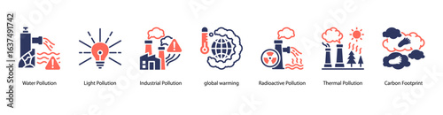 Marine and Radioactive Pollution web banner icon vector illustration featuring Water, Light, Industrial Pollution, Global Warming, Radioactive Pollution, Thermal Pollution, and Carbon Footprint.